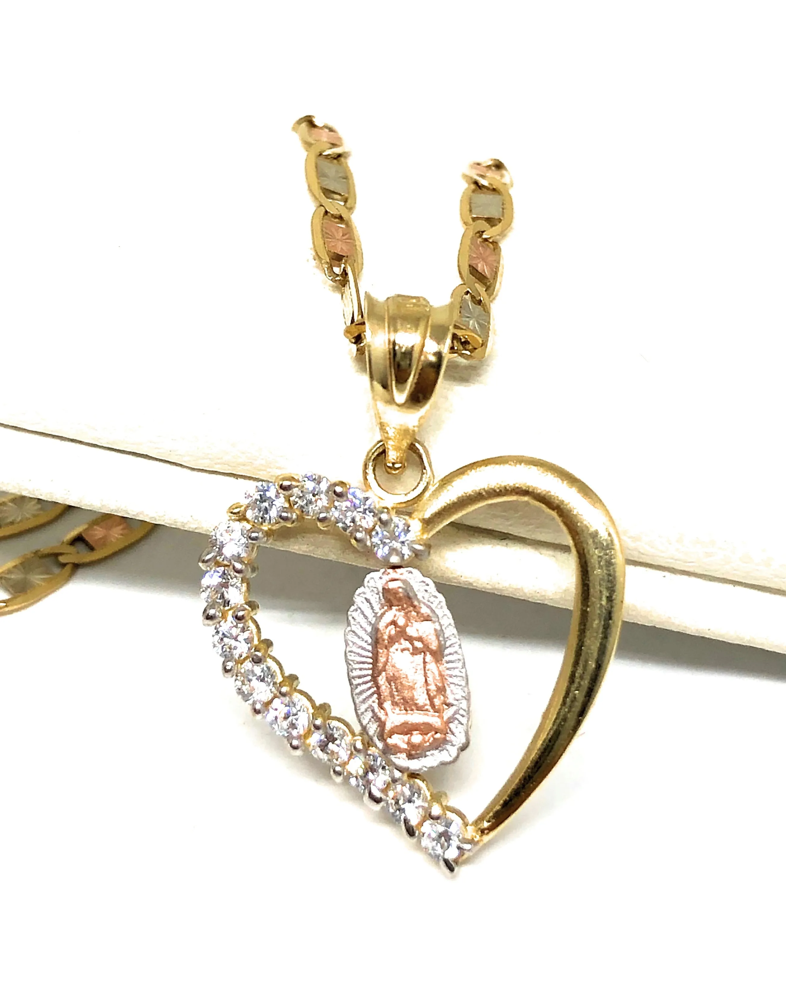 10k Solid Gold Tri-Color Virrgin Mary Heart CZ Pendant Necklace Virrgen Gaudalupe Valentina Chain