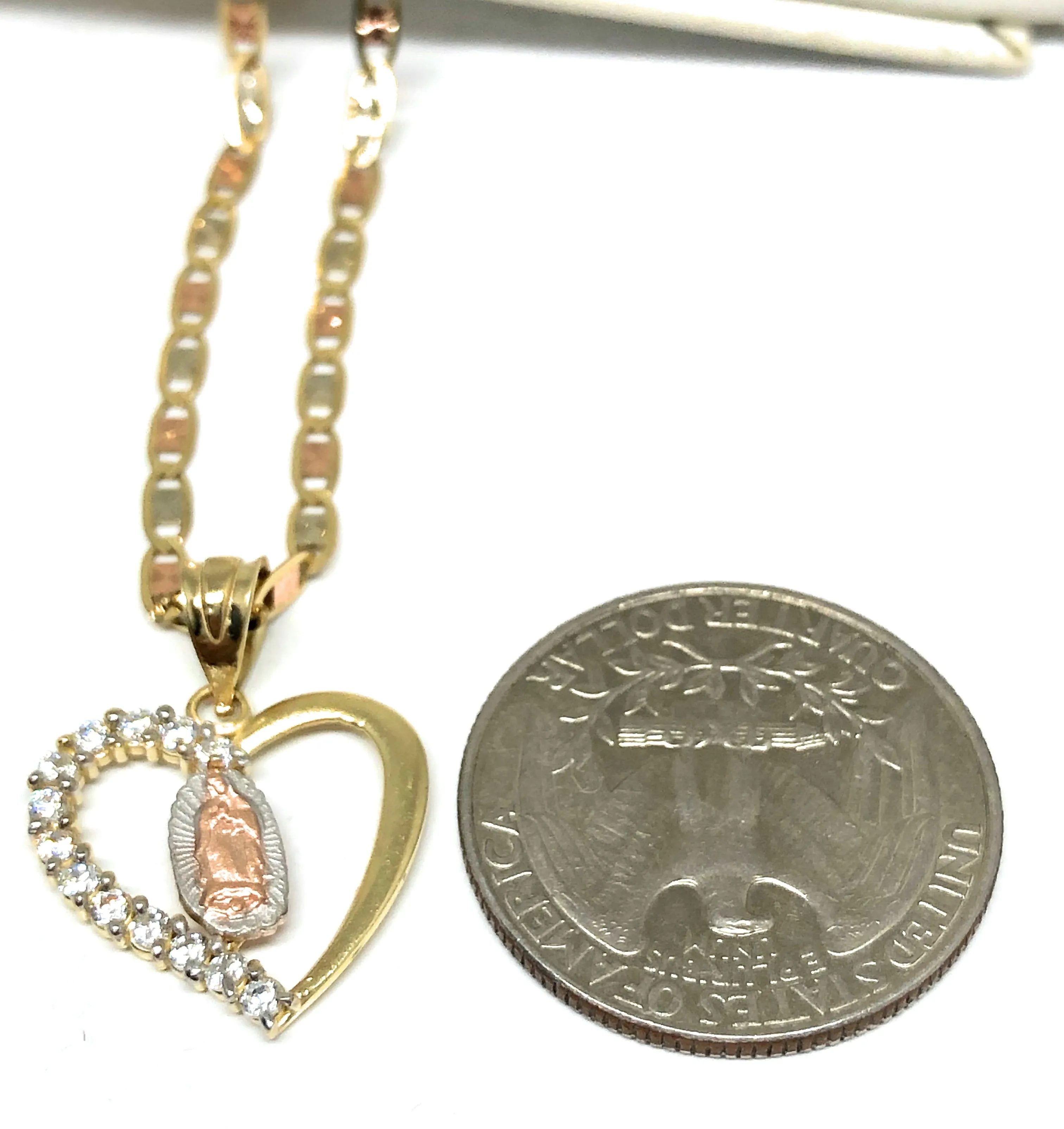 10k Solid Gold Tri-Color Virrgin Mary Heart CZ Pendant Necklace Virrgen Gaudalupe Valentina Chain