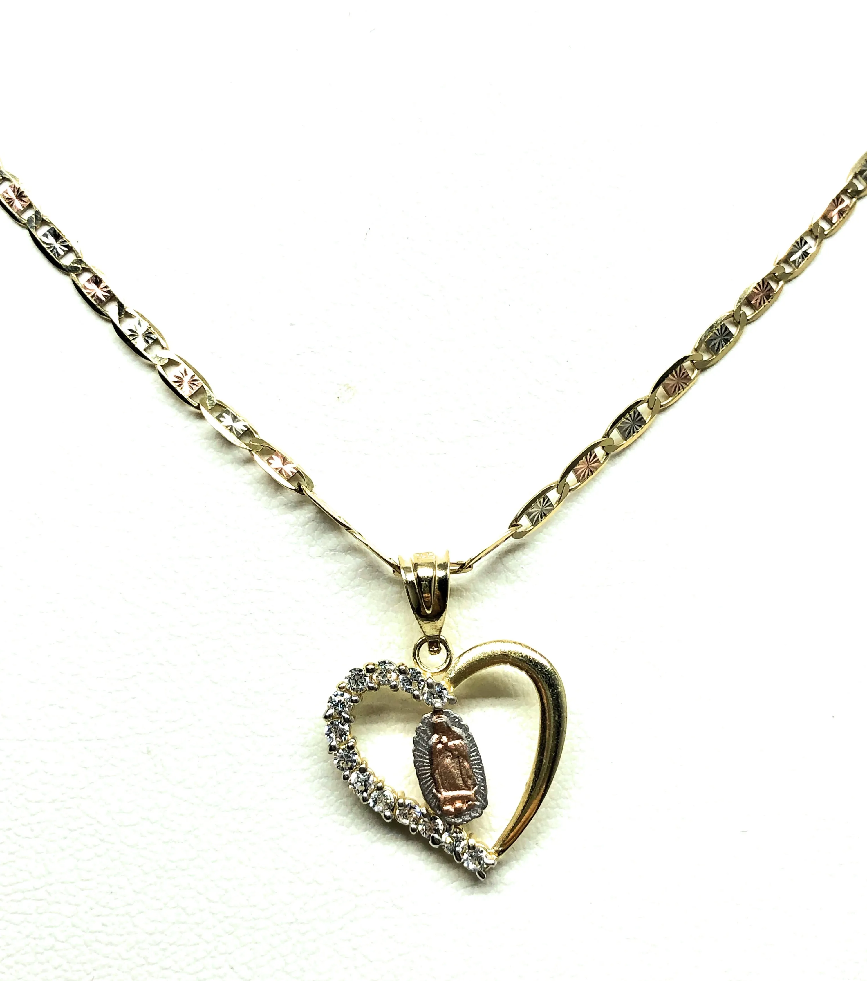 10k Solid Gold Tri-Color Virrgin Mary Heart CZ Pendant Necklace Virrgen Gaudalupe Valentina Chain