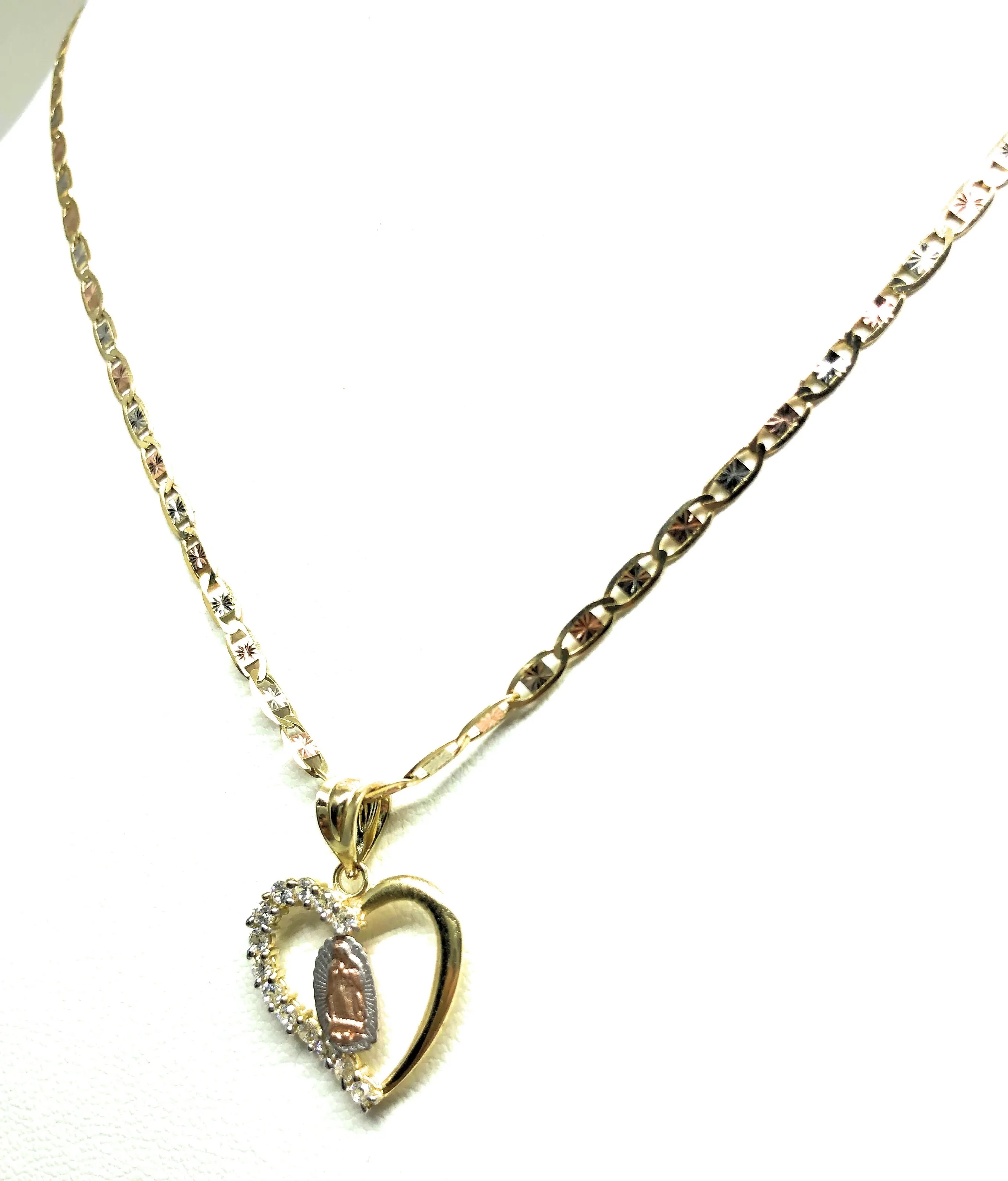 10k Solid Gold Tri-Color Virrgin Mary Heart CZ Pendant Necklace Virrgen Gaudalupe Valentina Chain