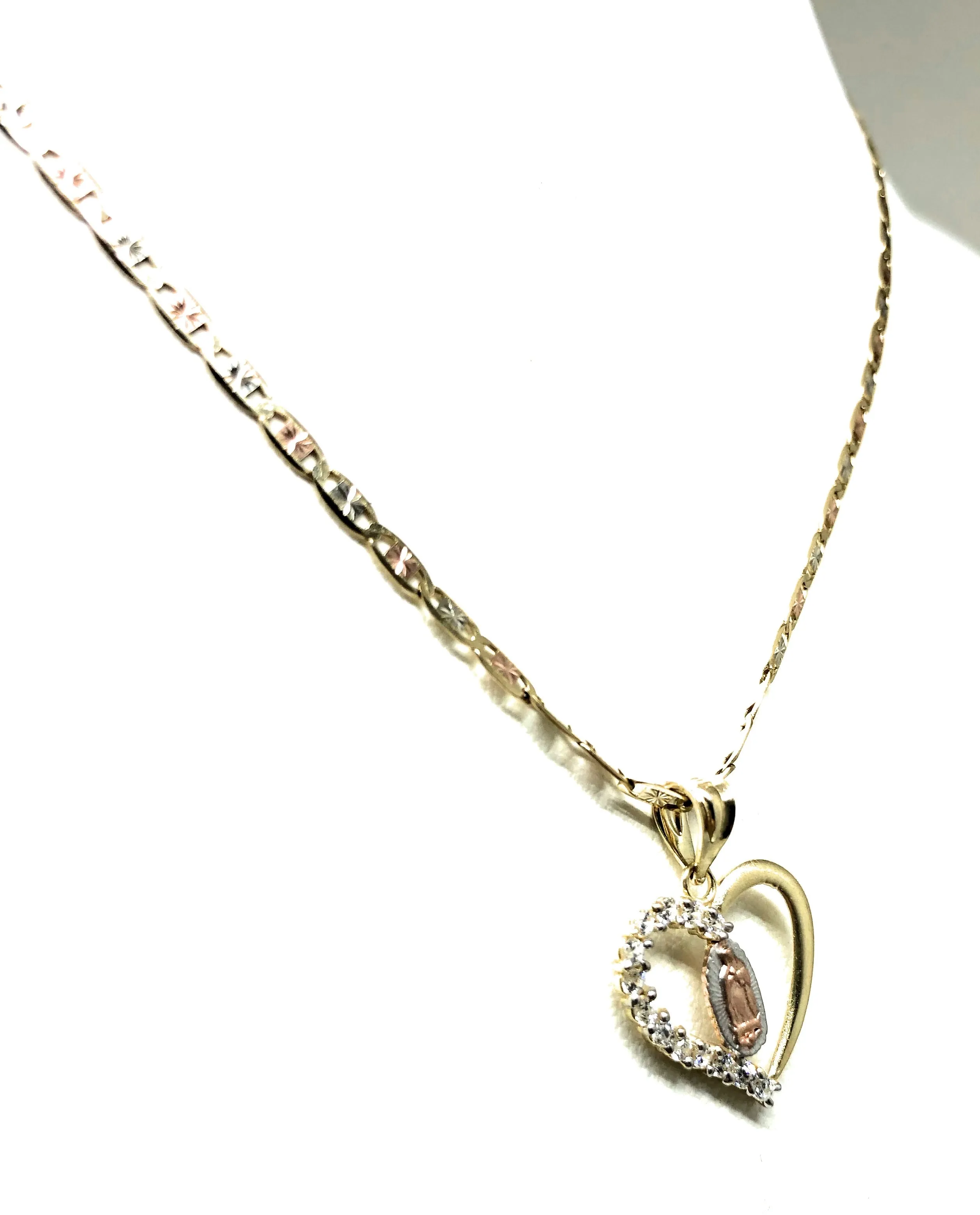 10k Solid Gold Tri-Color Virrgin Mary Heart CZ Pendant Necklace Virrgen Gaudalupe Valentina Chain