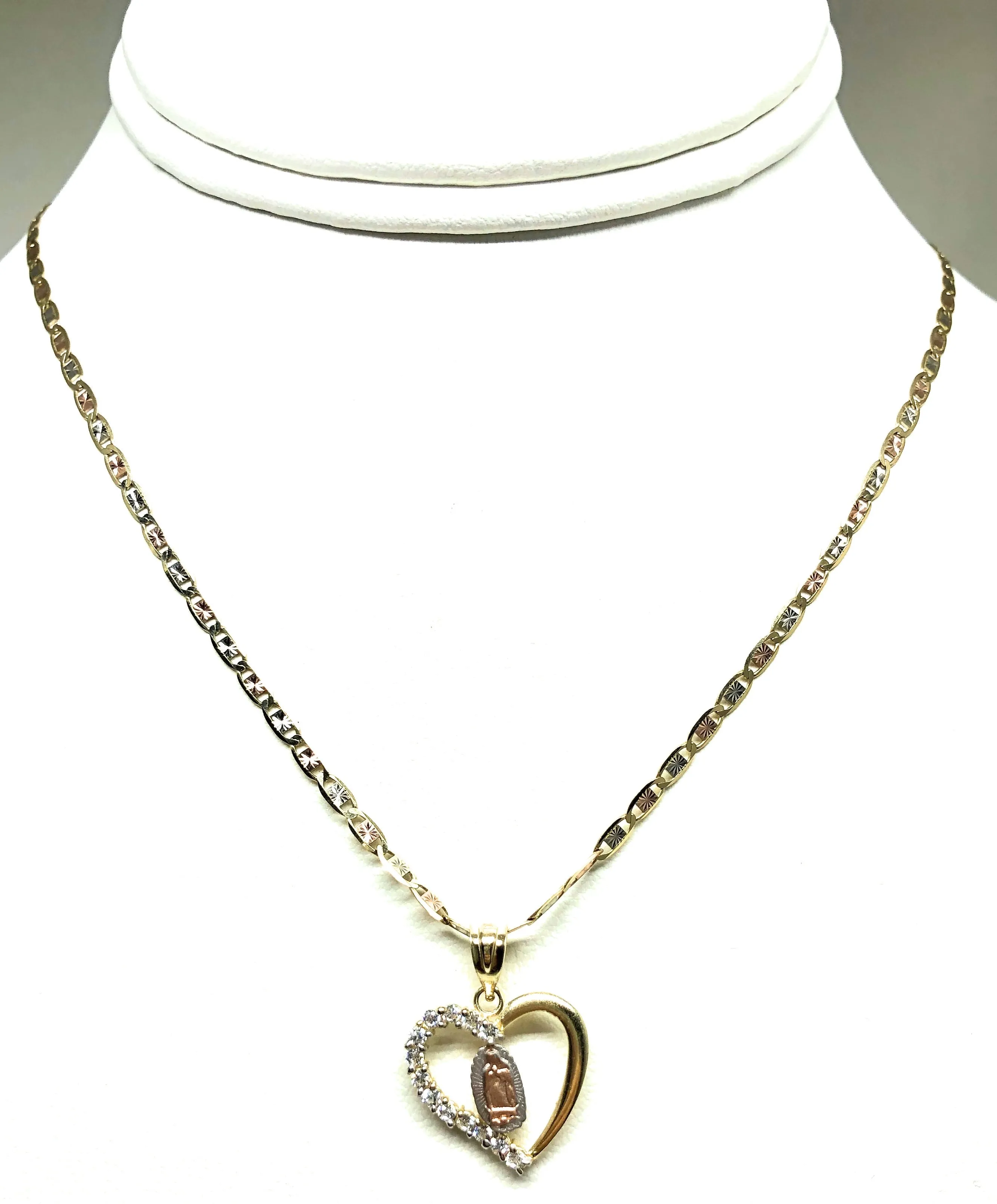 10k Solid Gold Tri-Color Virrgin Mary Heart CZ Pendant Necklace Virrgen Gaudalupe Valentina Chain