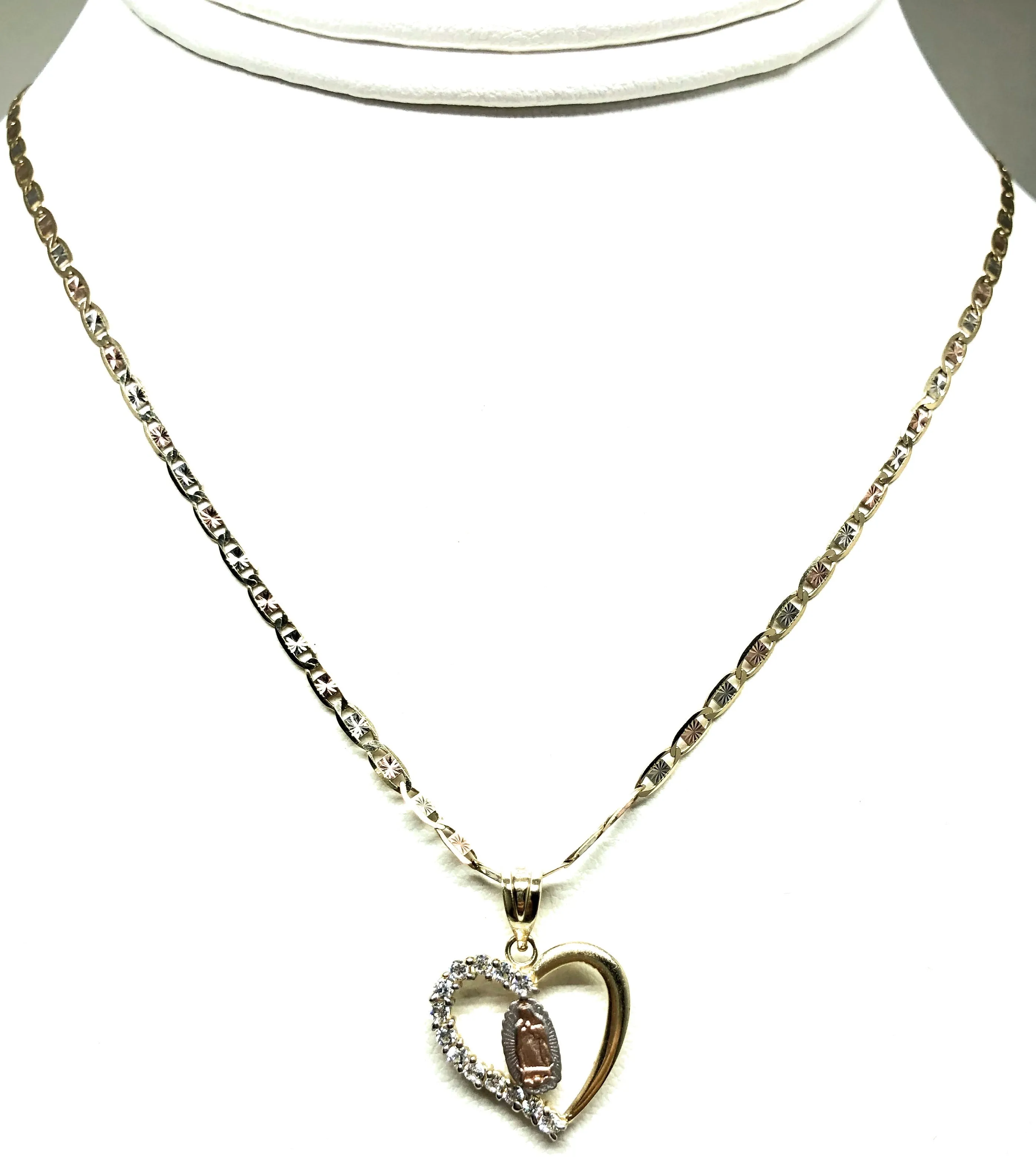 10k Solid Gold Tri-Color Virrgin Mary Heart CZ Pendant Necklace Virrgen Gaudalupe Valentina Chain