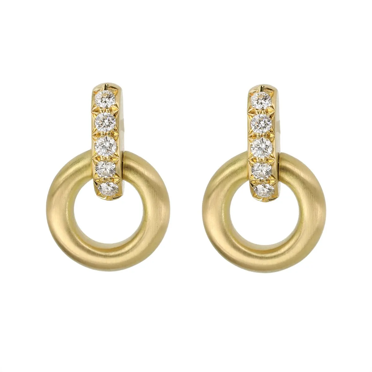 18K Gold Small Round Doorknocker Earrings with Pave Diamond Bar