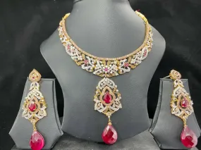 22k Necklace Set Beautiful Solid Gold Ladies Traditional Mix Color Stones LS1004