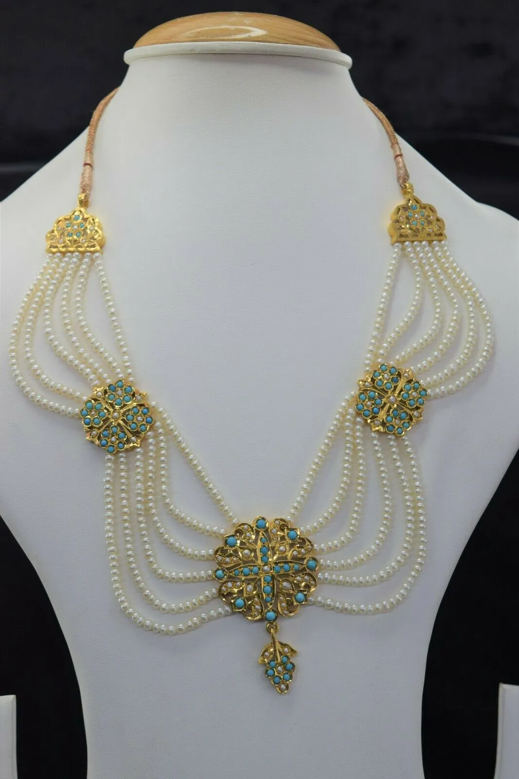 22k Necklace Set Solid Gold Ladies Long Pearl and Turquoise Design LS1034