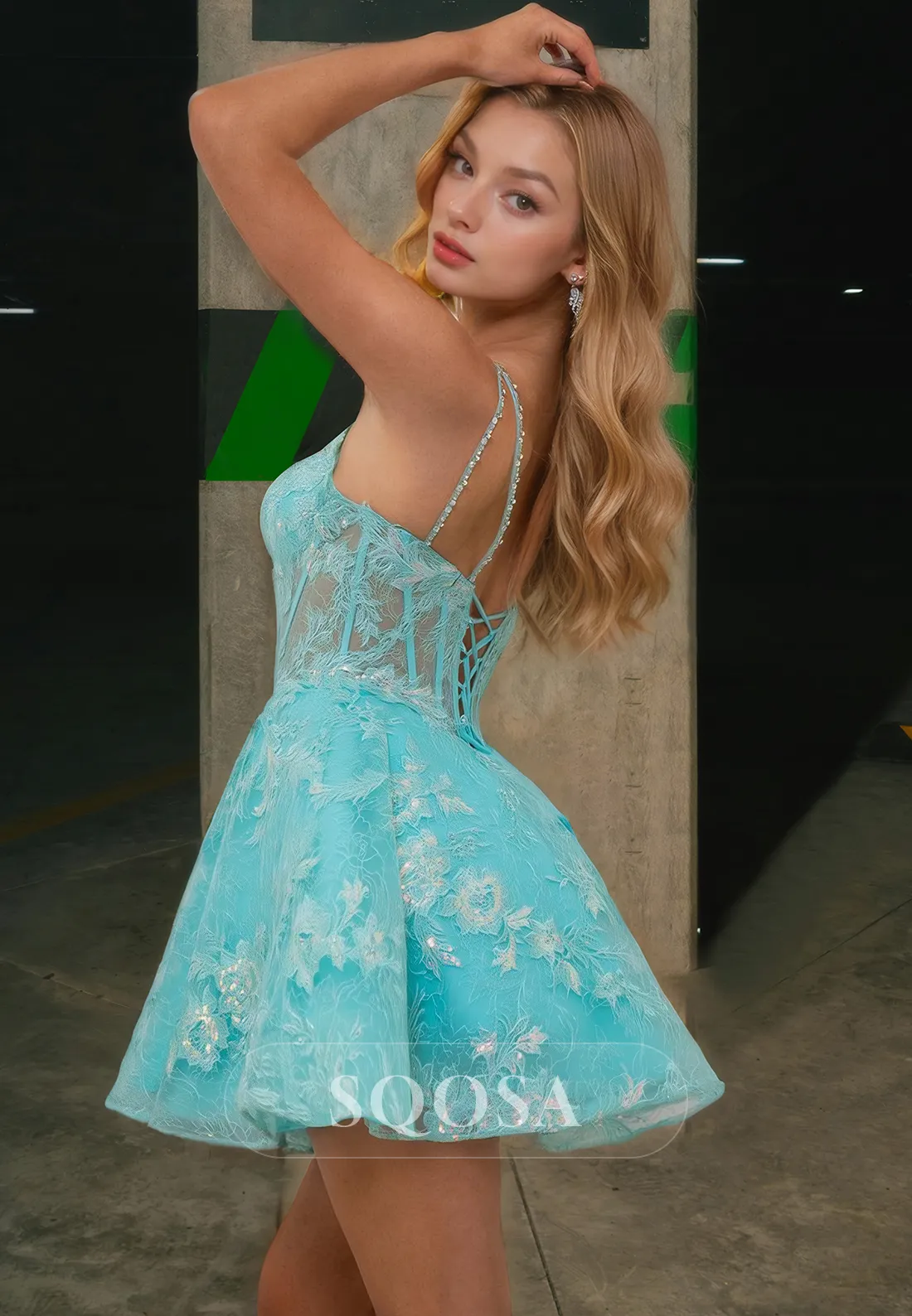 A Line V Neck Lace Appliques Blue Homecoming Dress 2024 Short Prom Dress