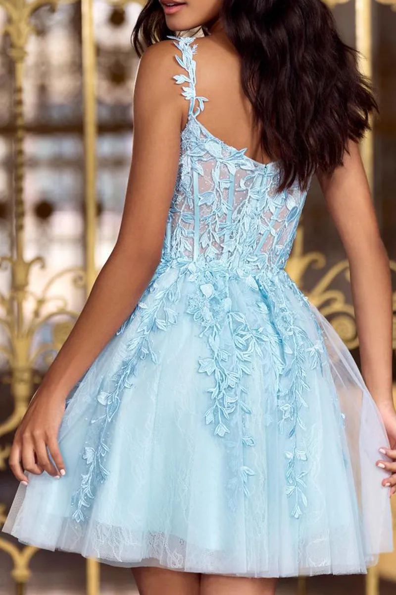 A line V Neck Lace Appliques Short Homecoming Graduation Dress QH2337