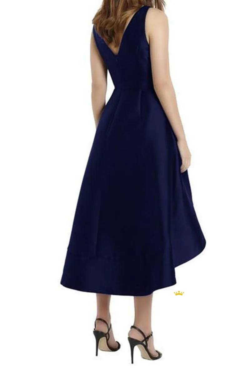 A-line V-neck Navy Satin Short Bridesmaid Dress QB2132