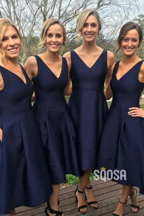 A-line V-neck Navy Satin Short Bridesmaid Dress QB2132