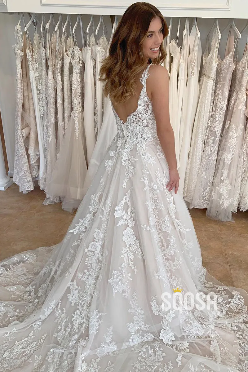 A-line V-neck Tulle Appliques Rustic Wedding Dress QW2698