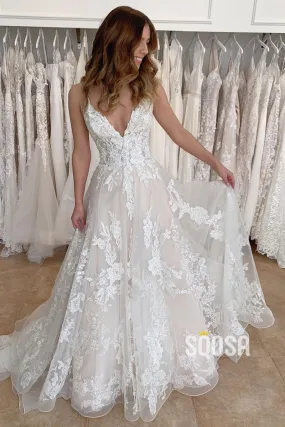 A-line V-neck Tulle Appliques Rustic Wedding Dress QW2698