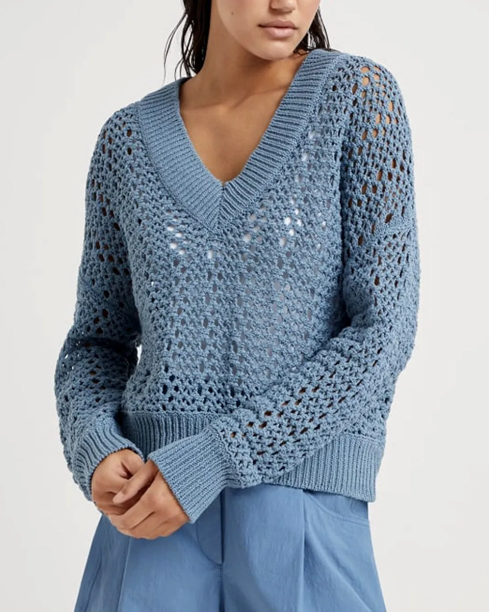 Arctic Blue Open Knit V Neck Pullover