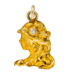 Art Nouveau Diamond 14 Karat Gold Enchanted Woman Charm