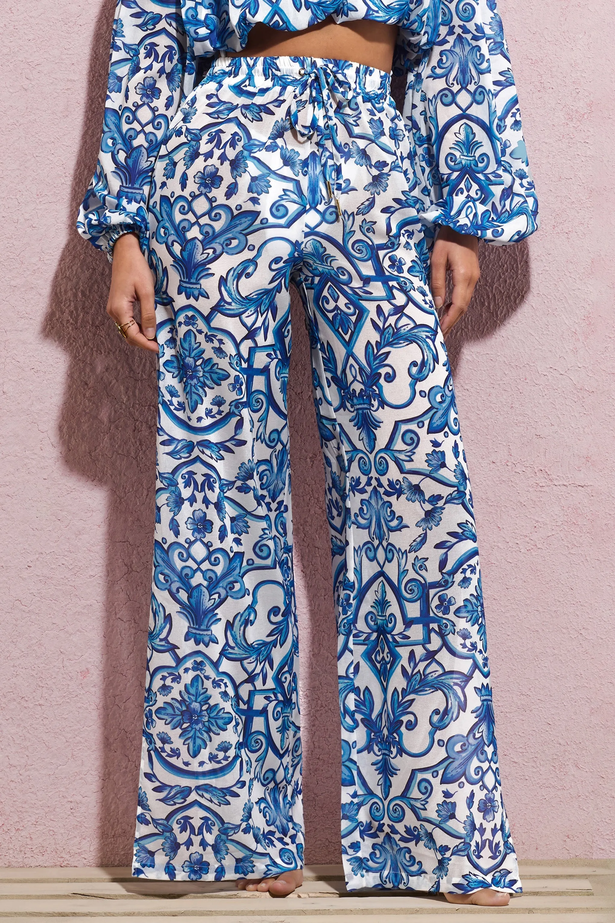 Bea | Blue Porcelain Print Chiffon Split Wide-Leg Trousers