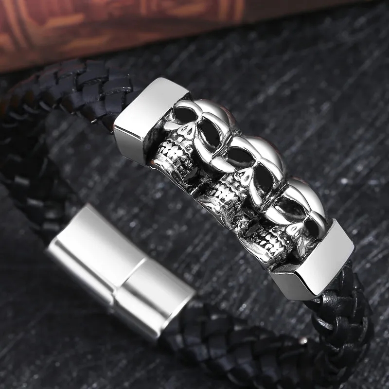 Black Leather Stainless Steel Multiple Skulls Bracelet