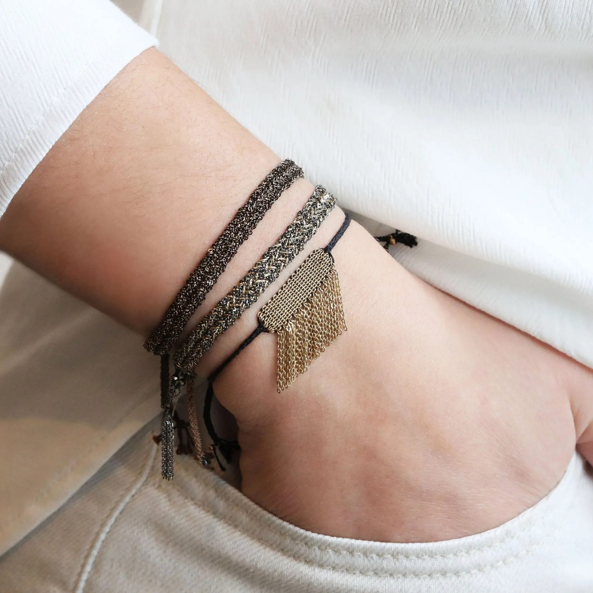 Black Silk Bracelet with Gold Vermeil Center Tassel Section