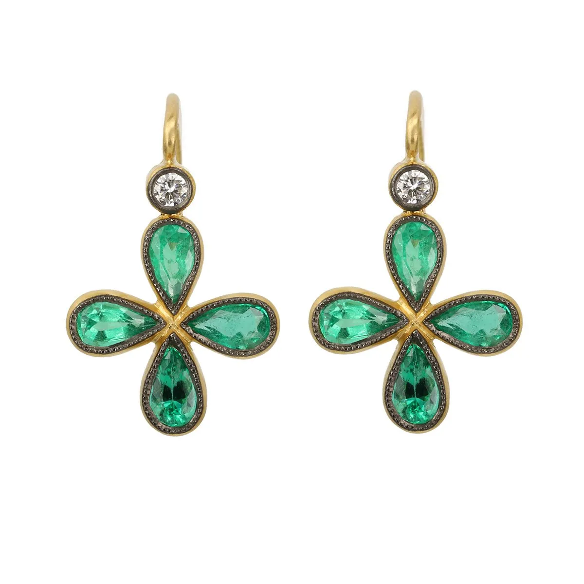 Blackened 22K Gold Bezel-Set Emerald Star Earrings with Diamond