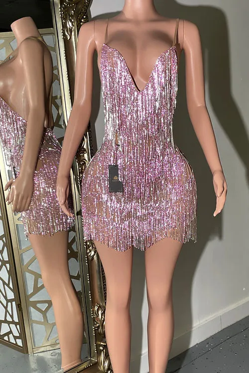 Casino Pink Diamante Tassel Dress(Ready to Ship)