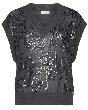 Charcoal Floral Paillette V Neck Top