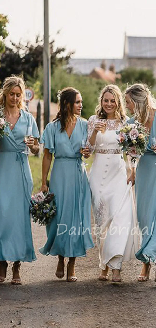 Charming V-neck 1/3Sleeve Morden A-line Long Bridesmaid Dresses.DB10428