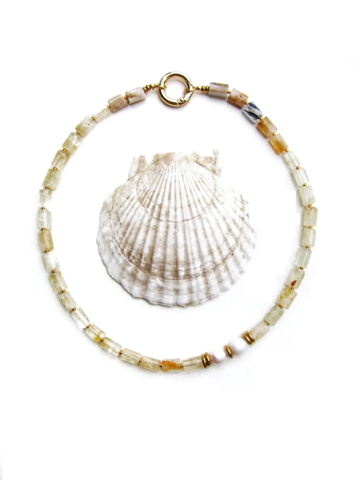 Citrine Quartz and Baroque Freshwater Pearl Statement Necklace