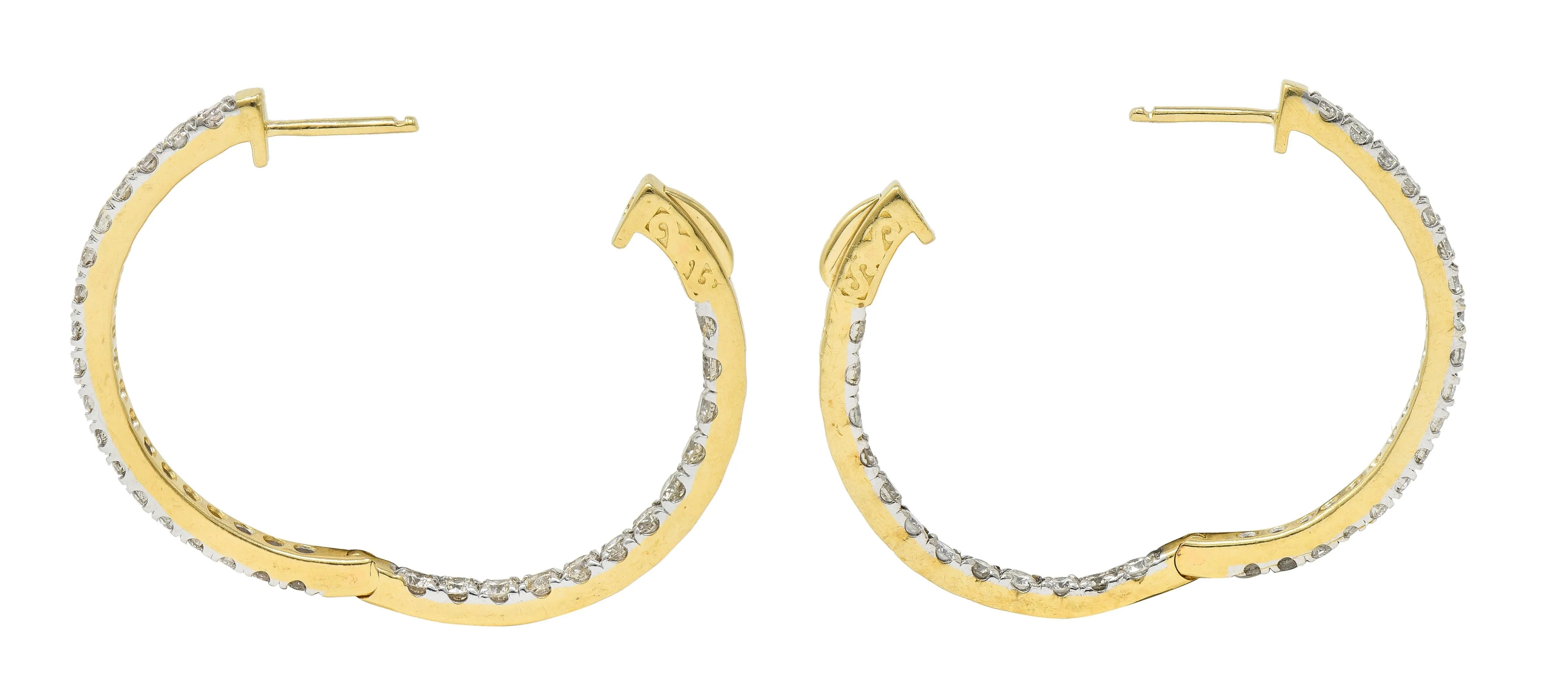 Contemporary 1.80 CTW Diamond 14 Karat Gold Inside Outside 34 MM Hoop Earrrings