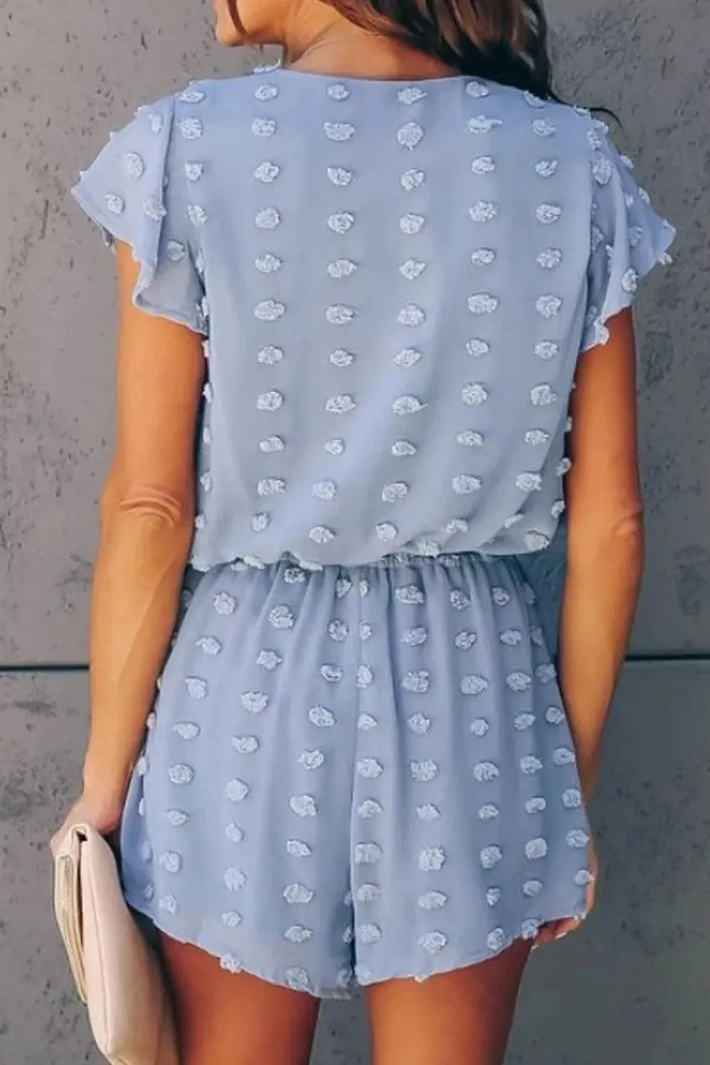 Deep V Neck Dot Texture Short Sleeves Romper - Sky Blue