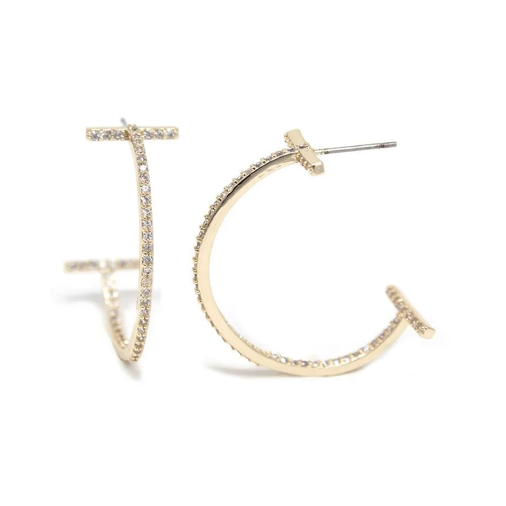 Double Bar Inside Out CZ Hoop Earrings Gold T