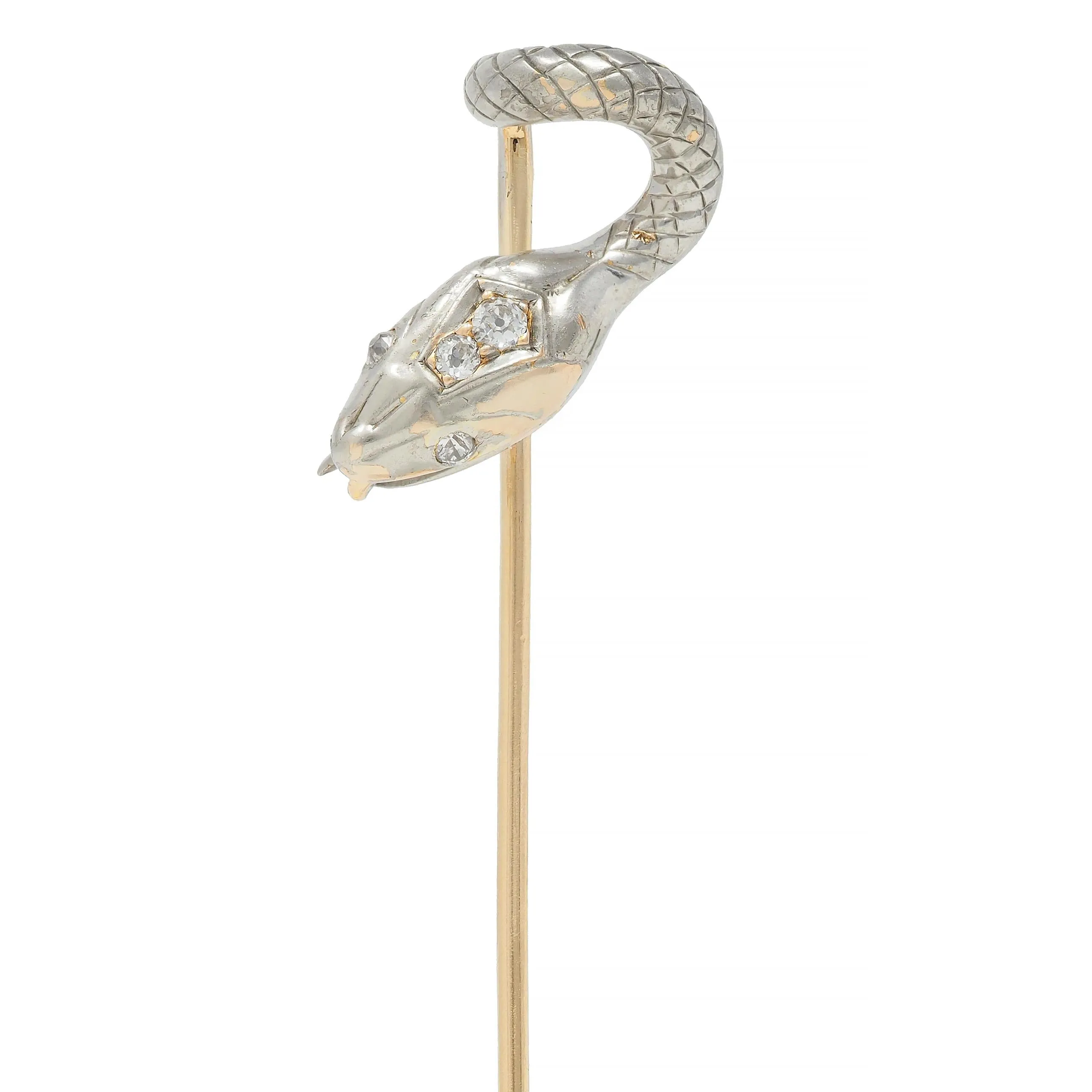 Edwardian Diamond Platinum-Topped 14 Karat Gold Antique Snake Stickpin