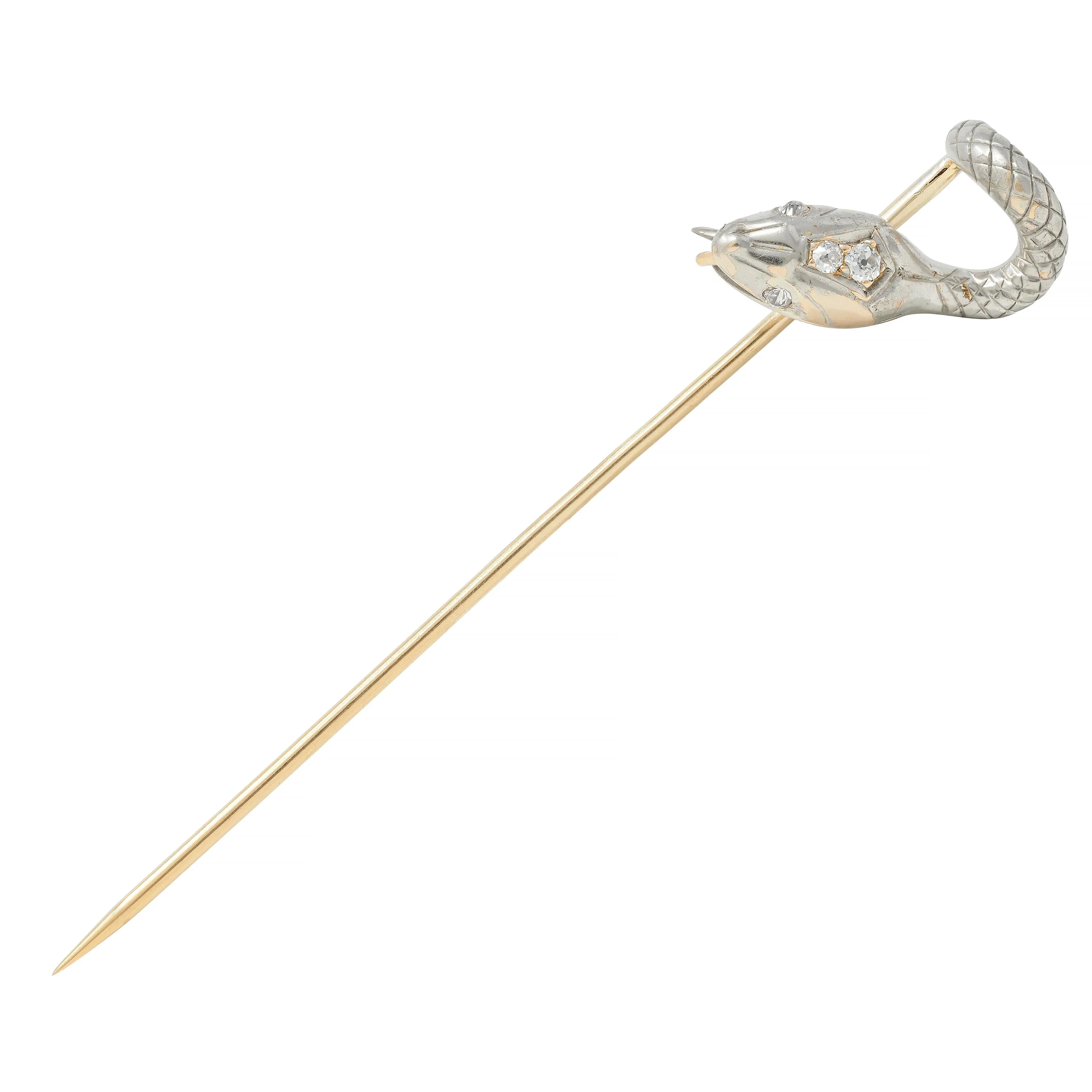 Edwardian Diamond Platinum-Topped 14 Karat Gold Antique Snake Stickpin