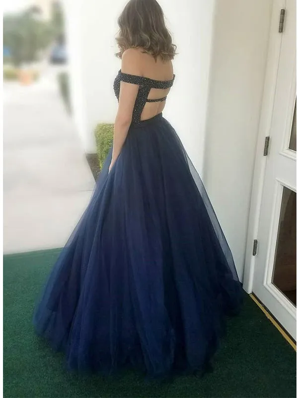 Elegant A-line Off the Shoulder Beading Floor Length Prom Dress Evening Dress, OL734