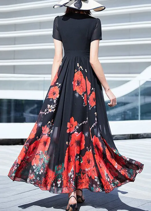 Elegant Black V Neck Print Wrinkled Chiffon Long Dresses Summer AS1002