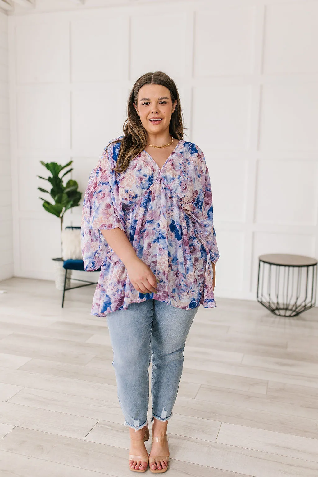 Fabled in Floral Draped Peplum Top in Blue