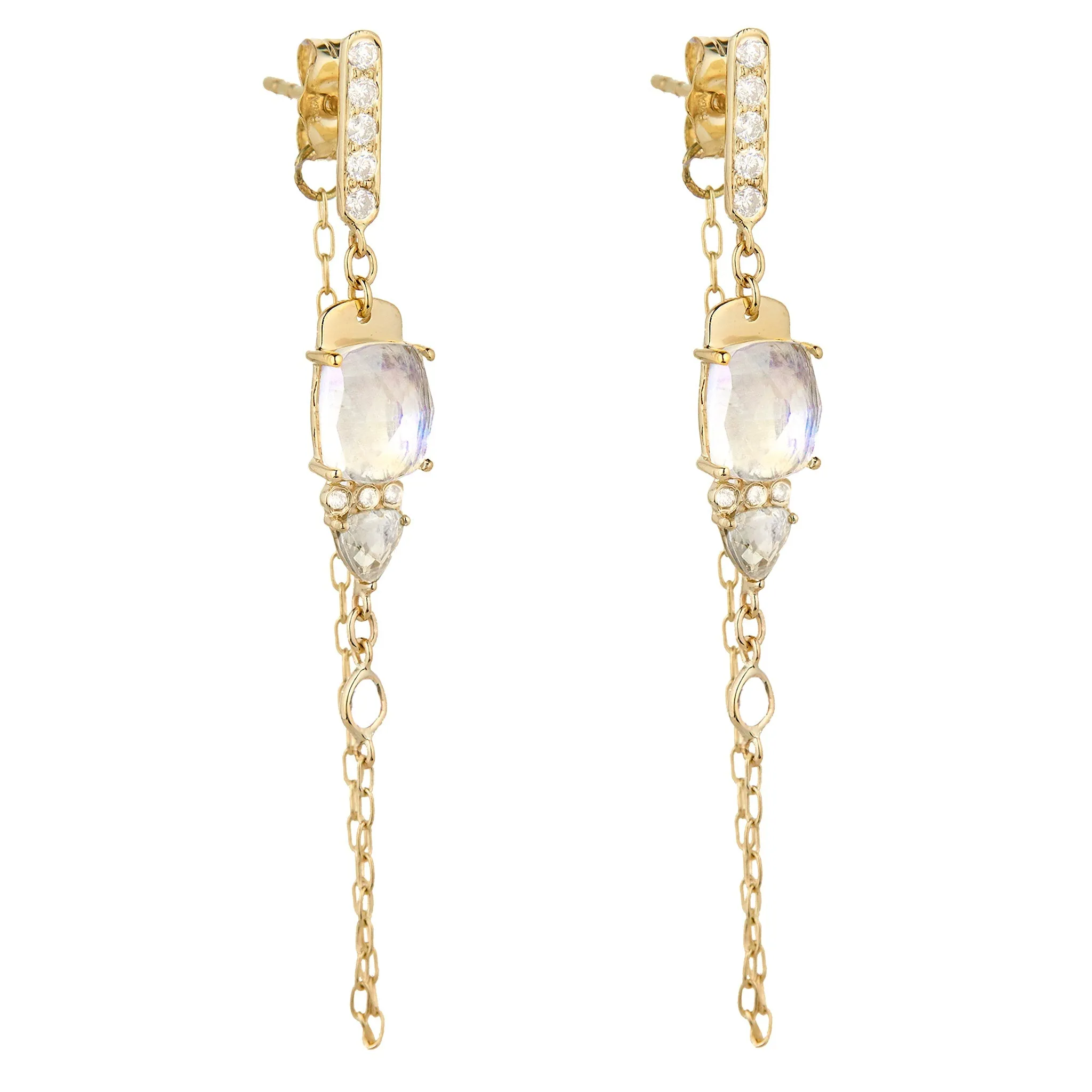 Front-to-Back Chain Earrings with Rosecut Moonstone Tablets