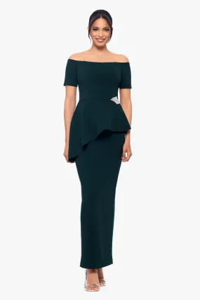 Genevieve Long Scuba Crepe Off the Shoulder Asymmetrical Peplum Dress