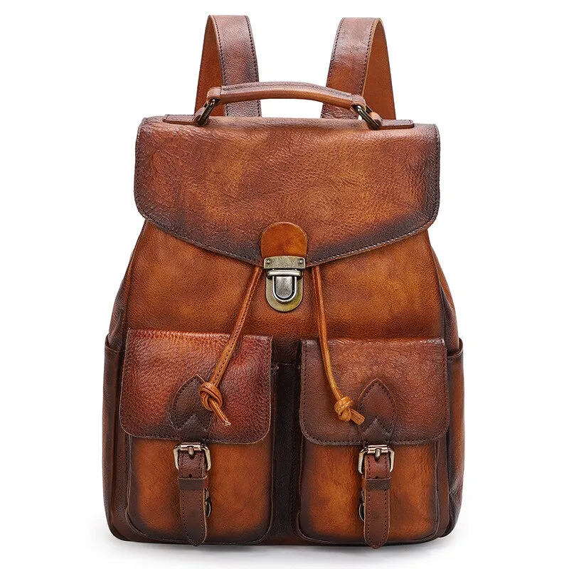 Genuine Leather Women Casual Shoulder Schoolbag Travel Backpacks Retro Fashion Buckle Bags