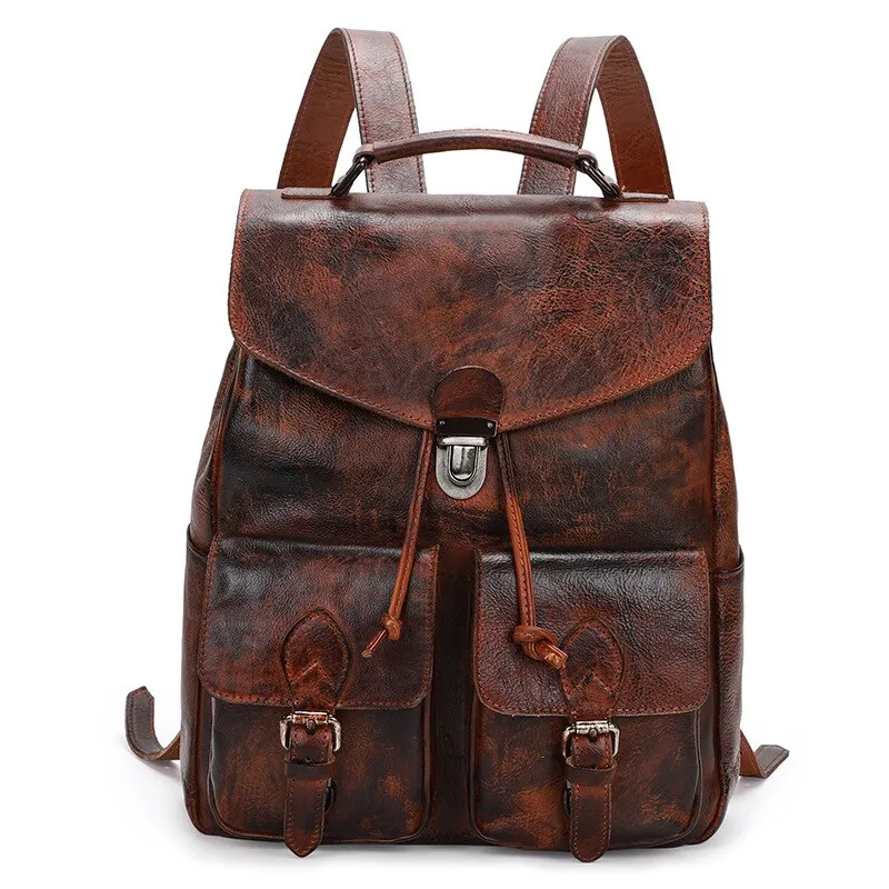 Genuine Leather Women Casual Shoulder Schoolbag Travel Backpacks Retro Fashion Buckle Bags