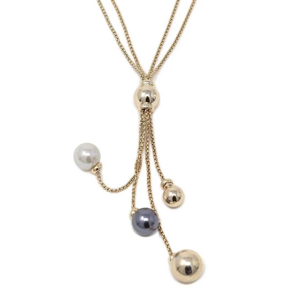 Gold and Pearl Ball Drop Necklace