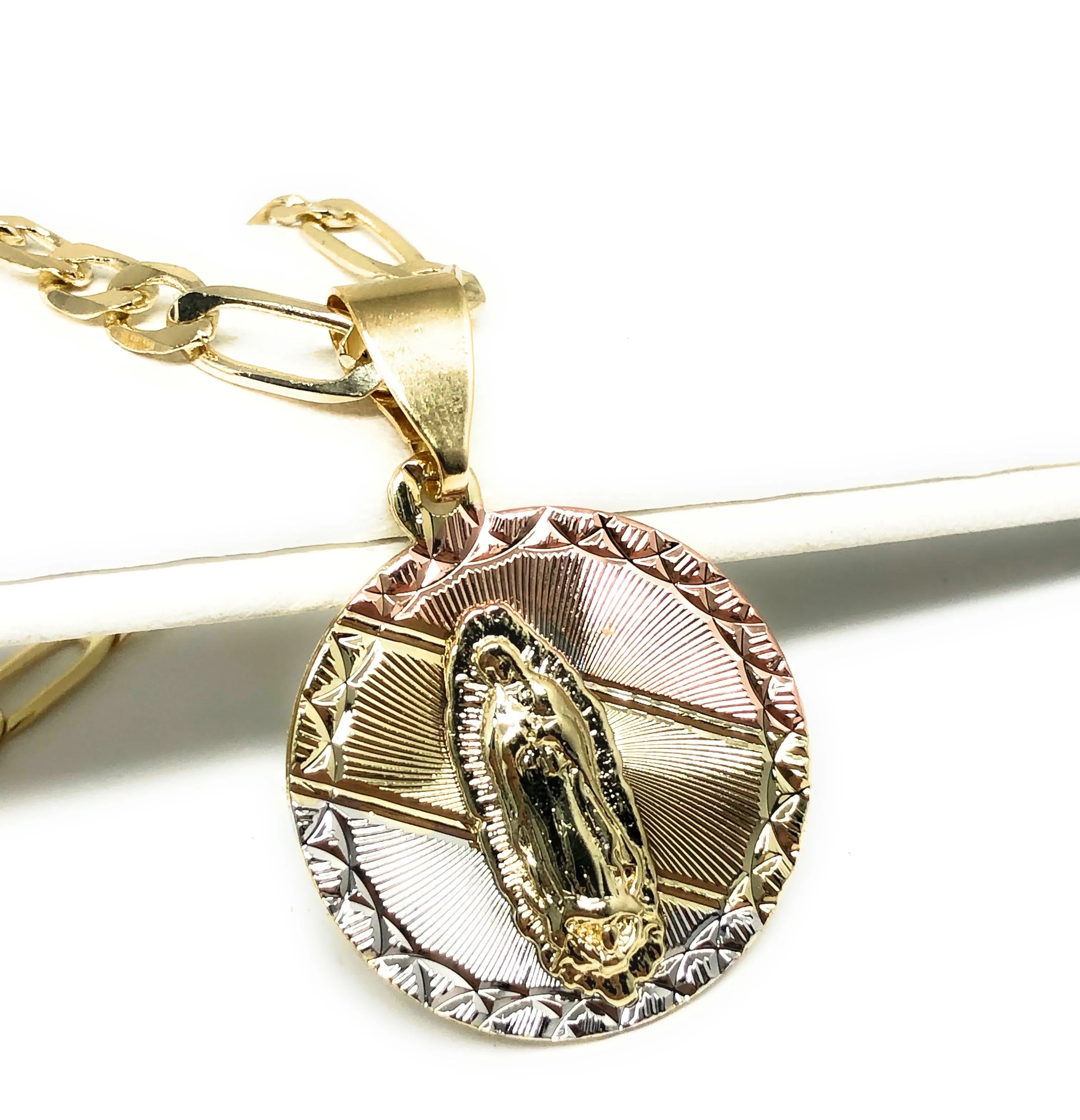 Gold Plated Tri-Color Virgin Mary Pendant Necklace 24 Virgen De Guadalupe Medalla Tres Colores