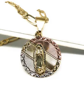 Gold Plated Tri-Color Virgin Mary Pendant Necklace 24 Virgen De Guadalupe Medalla Tres Colores