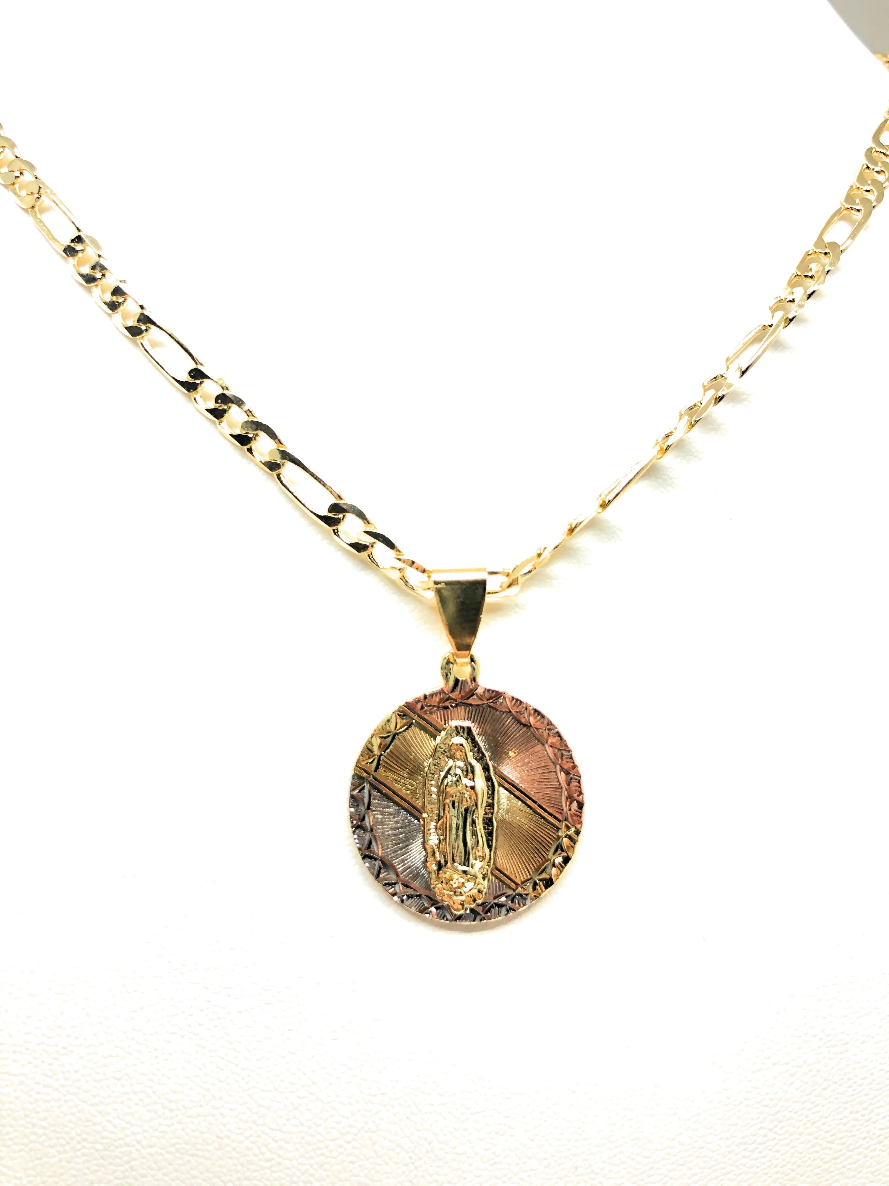 Gold Plated Tri-Color Virgin Mary Pendant Necklace 24 Virgen De Guadalupe Medalla Tres Colores