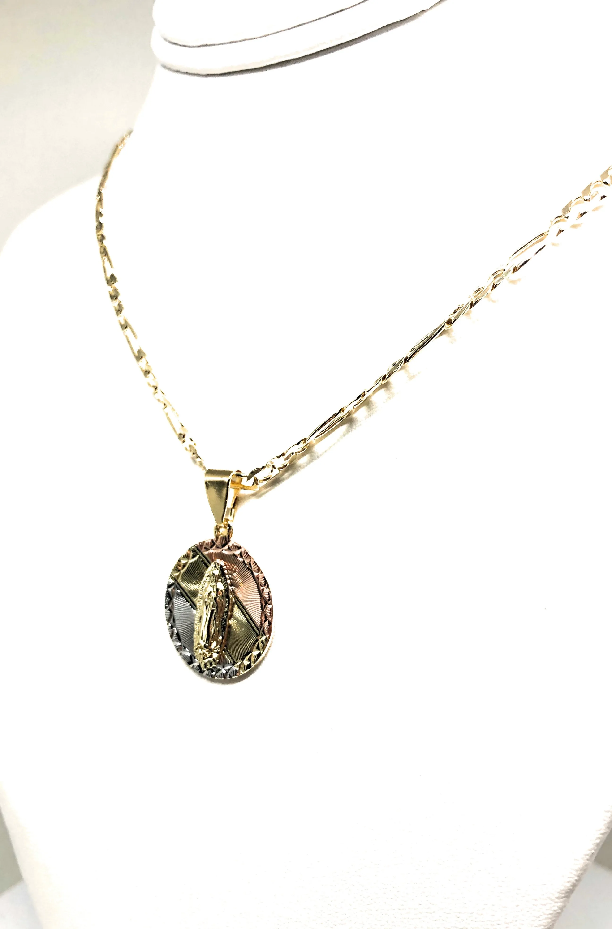 Gold Plated Tri-Color Virgin Mary Pendant Necklace 24 Virgen De Guadalupe Medalla Tres Colores