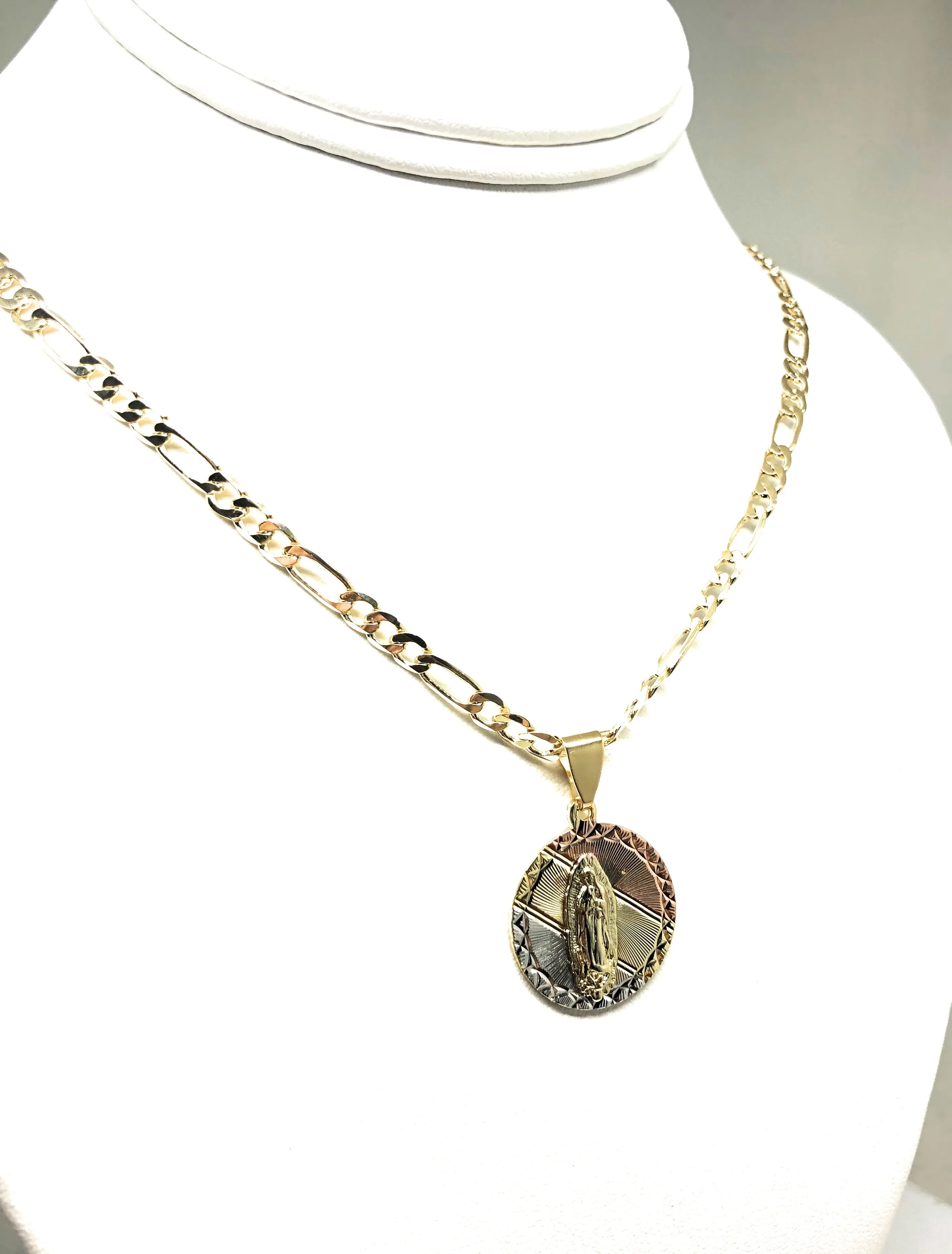 Gold Plated Tri-Color Virgin Mary Pendant Necklace 24 Virgen De Guadalupe Medalla Tres Colores