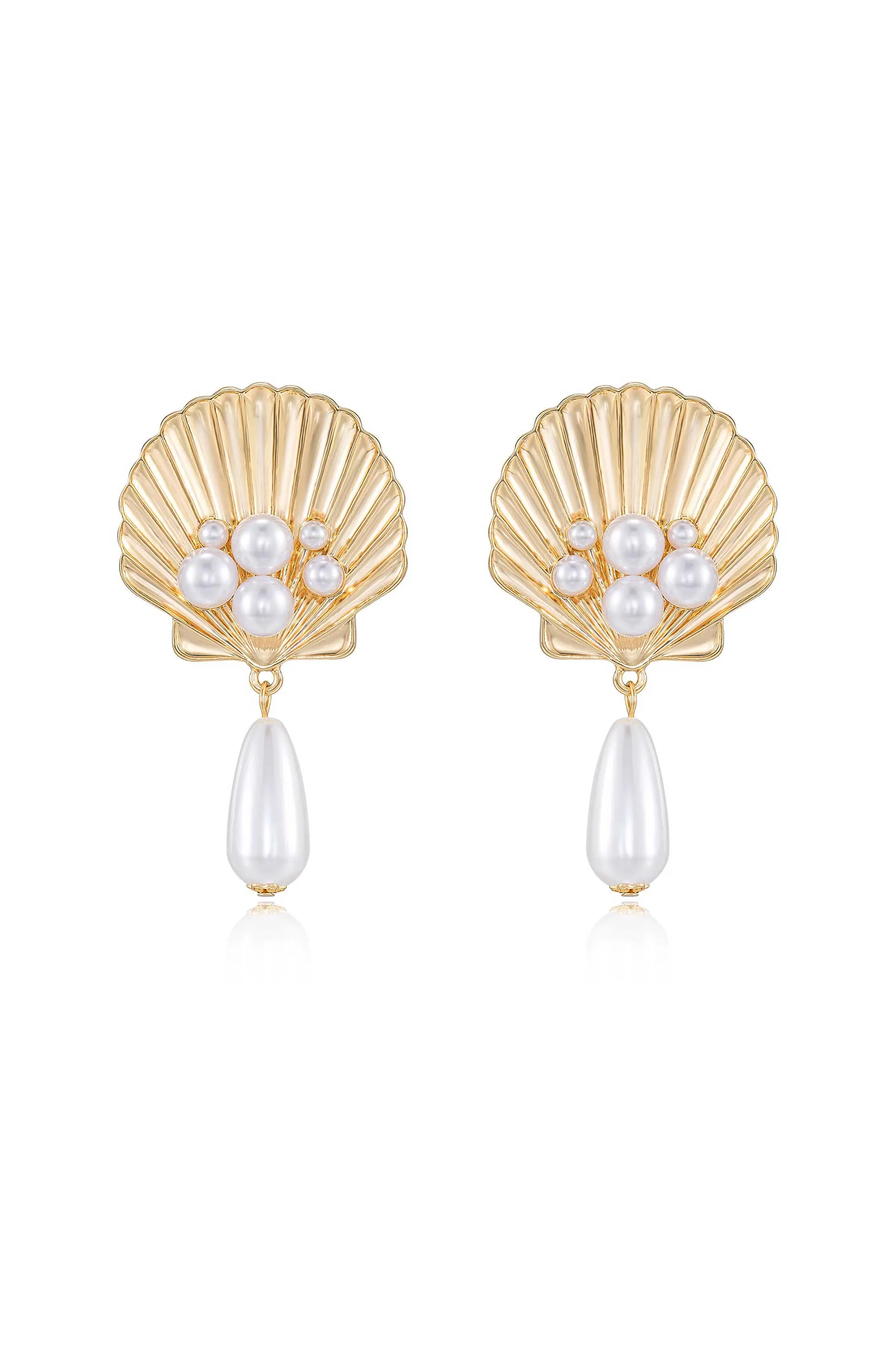 Golden Seashell Pearl Drop Earrings