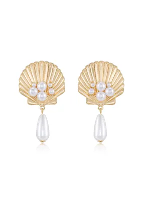 Golden Seashell Pearl Drop Earrings