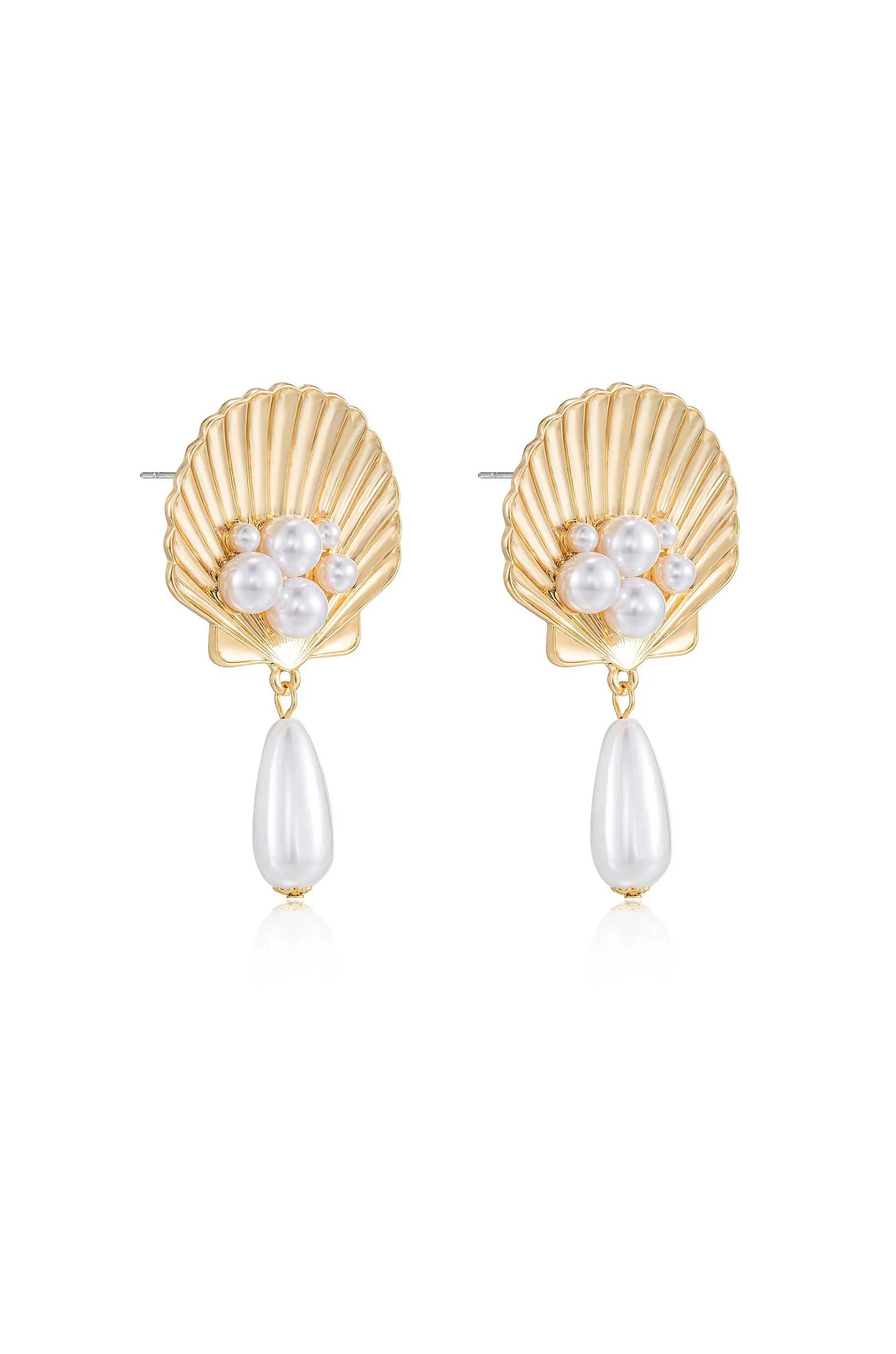 Golden Seashell Pearl Drop Earrings