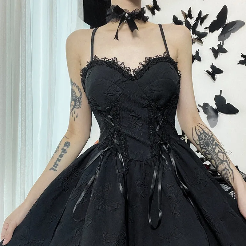 Goth Print Rose Lace Up A Line Backless Fashion V-Neck