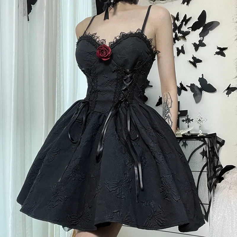 Goth Print Rose Lace Up A Line Backless Fashion V-Neck