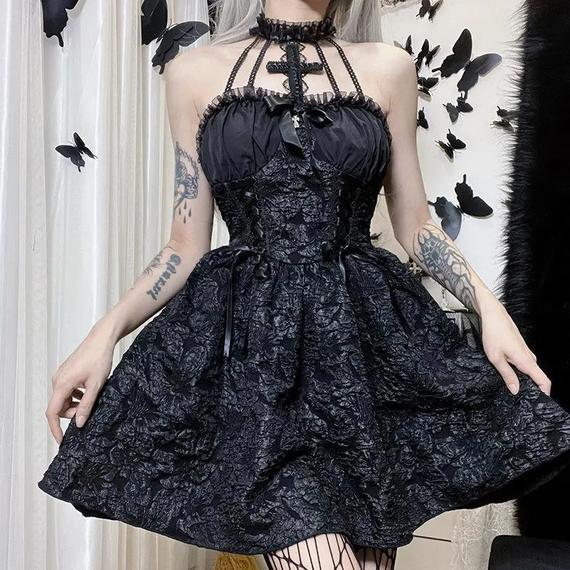 Goth Print Rose Lace Up A Line Backless Fashion V-Neck